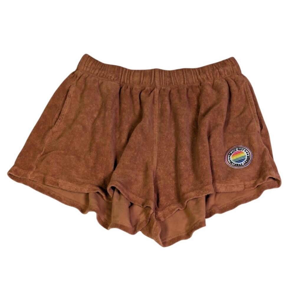 Beach Riot Terry Cloth Lounge Shorts Brown Rainbow Patch Retro Size M